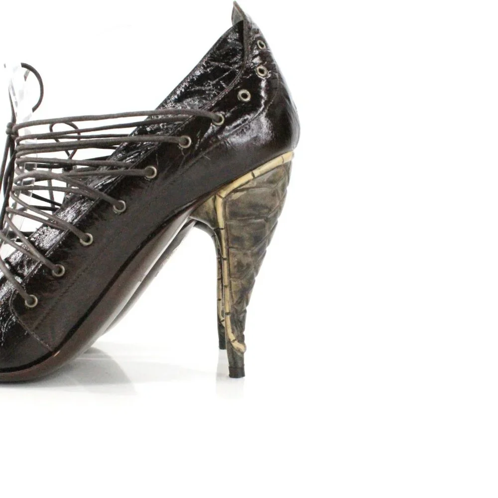 Gianni Barbato Patent Leather Lace Up Pointed Pumps Sculptural Heel Brown 7.5 - Picture 6 of 16